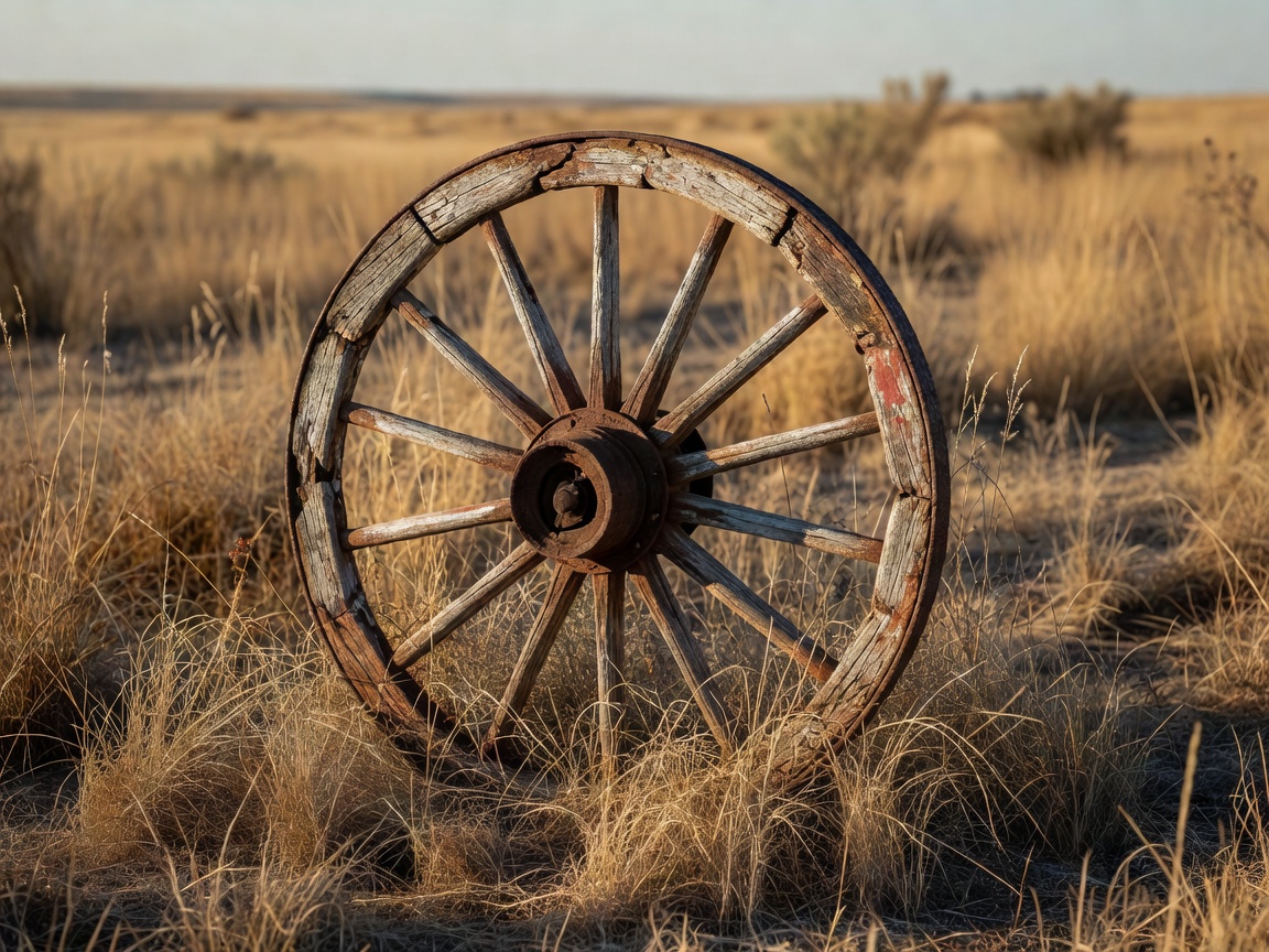 Stylized antique wagon wheel resting on bright yellow desert grass