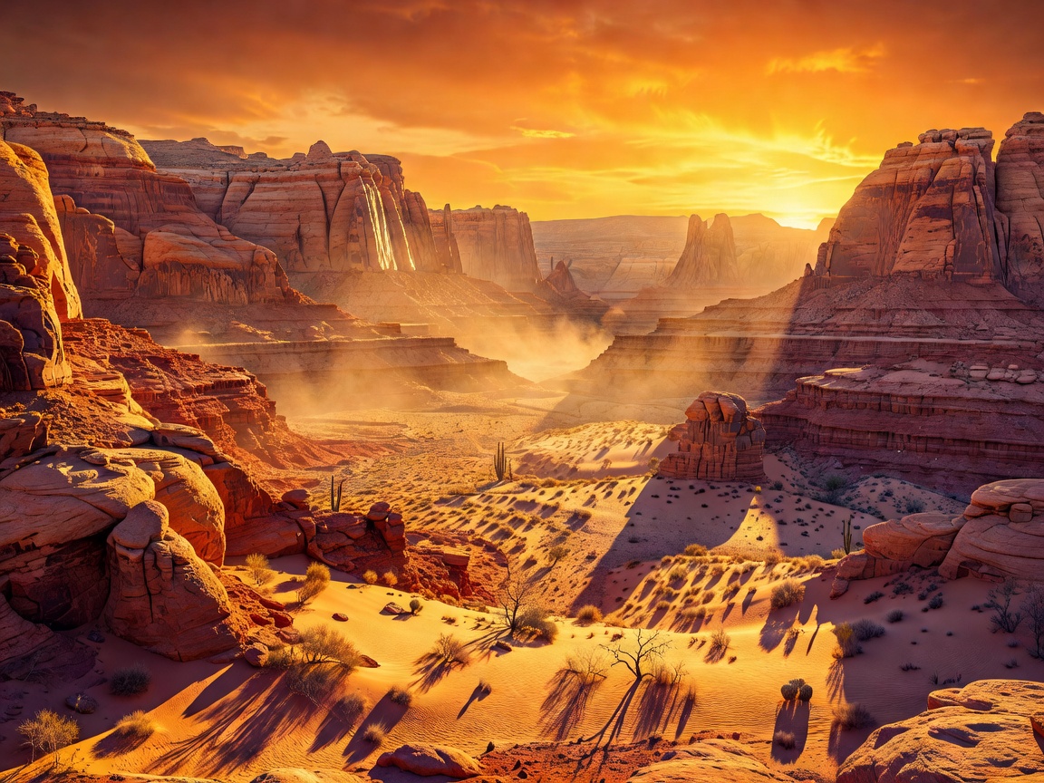Beautiful cartoon style desert canyon glowing under a vibrant orange sky