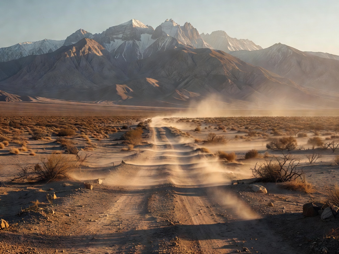 Bright cartoon sunset over a winding dusty trail and majestic red mountains