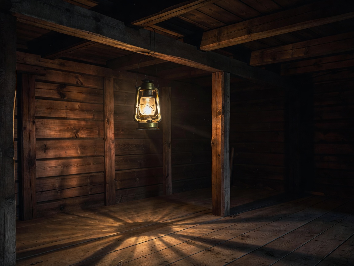 Golden glowing cartoon style lantern inside a cozy wooden frontier cabin